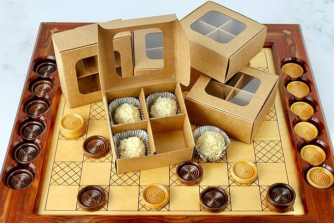GRETEL BAKING Treat boxes with window and dividers | 4 X-SMALL compartments | 3.5 x 3.5 x 1.57 in | Empty candy boxes for gift giving, truffle box - perfect for Valentine's Day | 20-pack (Kraft)