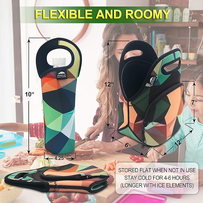 Nordic By Nature Neoprene Lunch Bag, Extra Side Pocket, Thick Insulated Tote With Bottle Sleeve, Flexible & Durable (Mosaic Camo)