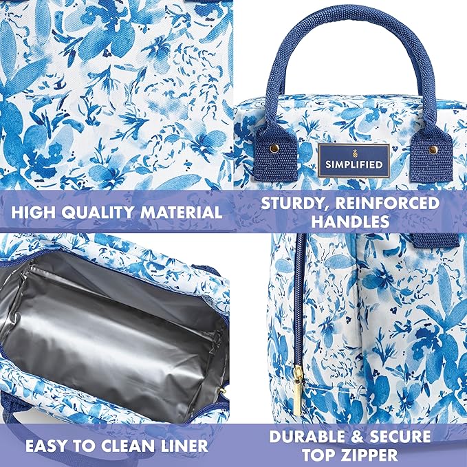 Fit & Fresh Lunch Bag For Women, Insulated Womens Lunch Bag For Work, Leakproof & Stain-Resistant Large Lunch Box For Women With Containers, Zipper Closure Bloomington Bag Blue Floral