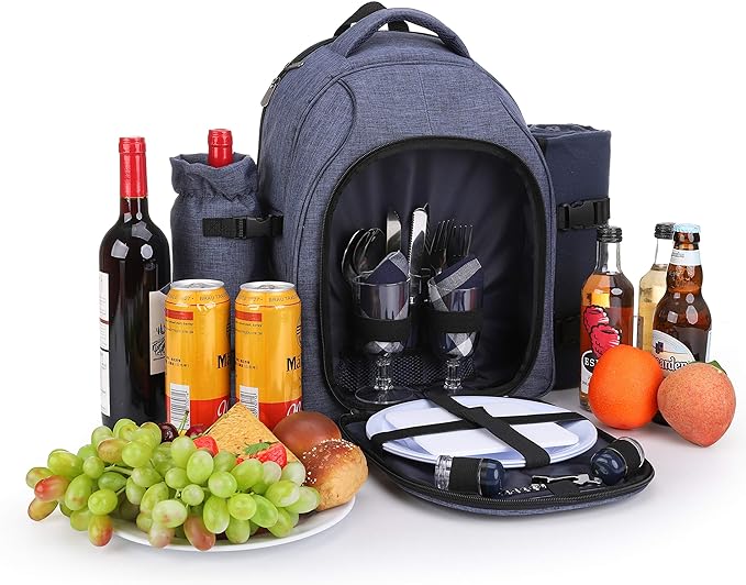 Apollo Walker Picnic Backpack Bag for 2 Person with Cooler Compartment, Detachable Bottle/Wine Holder, Fleece Blanket, Plates and Cutlery Set (2 Person, Navy)