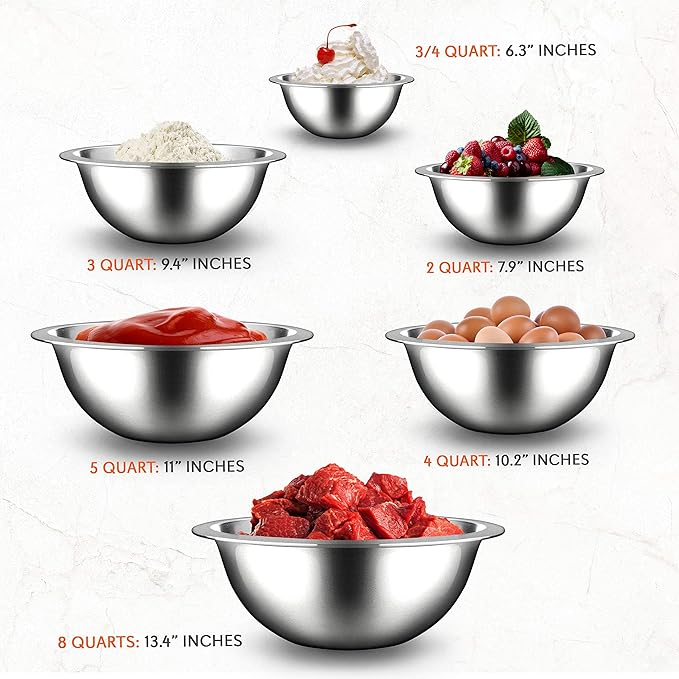 NutriChef 6-Piece Stainless Steel Mixing Bowls - Premium Stackable Nesting Bowls - Kitchen Essentials for Food Prep, Marinating, Mixing Salad, & More - Dishwasher Safe