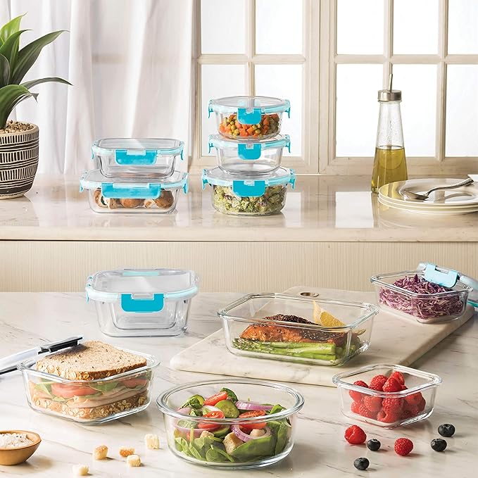 FineDine 24 Piece Glass Storage Containers with Lids - Leak Proof, Dishwasher Safe Glass Food Storage Containers for Meal Prep or Leftovers, Teal