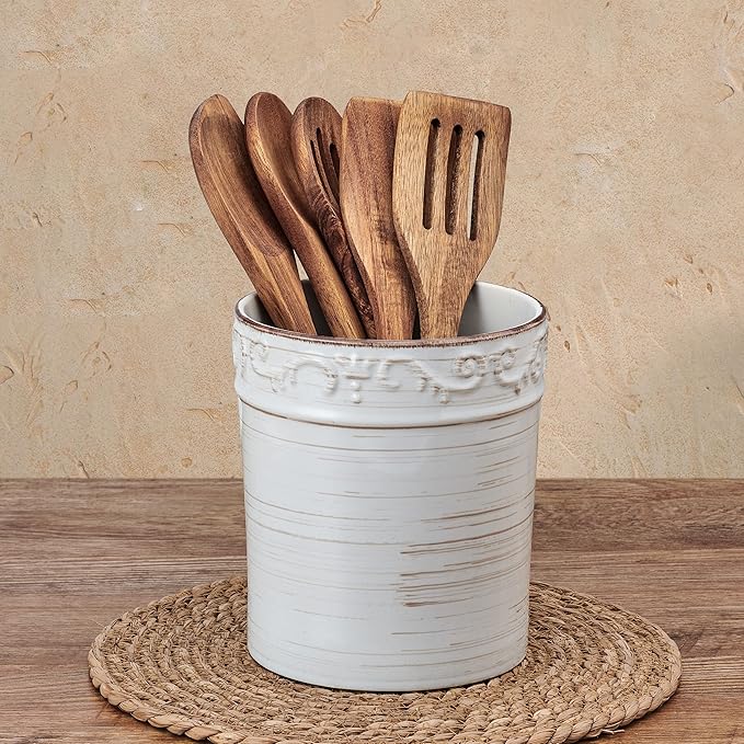 Pfaltzgraff Trellis Utensil Crock, 7x6 inch, White