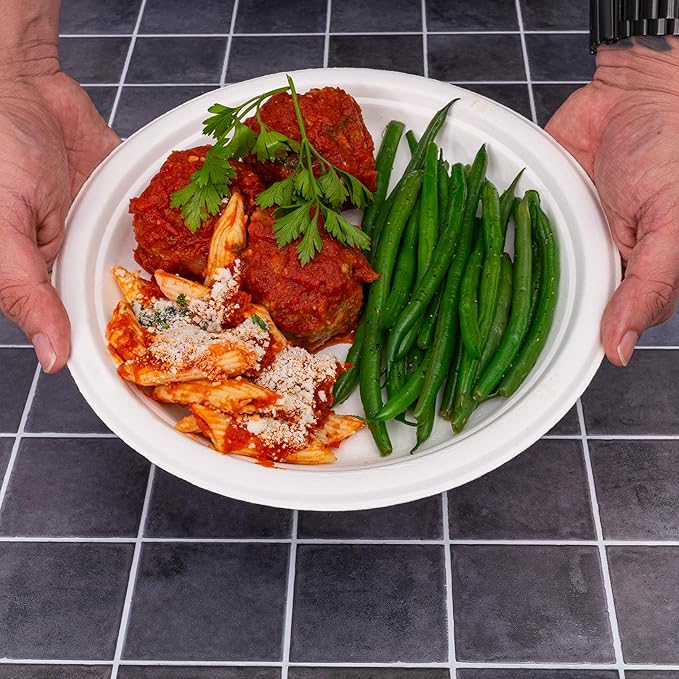 9" Paper Plates, Compostable Bagasse Food Container, Disposable, Microwave Safe for Lunch, Dinner, Party, Supplies, Events, Bulk 125 Pack