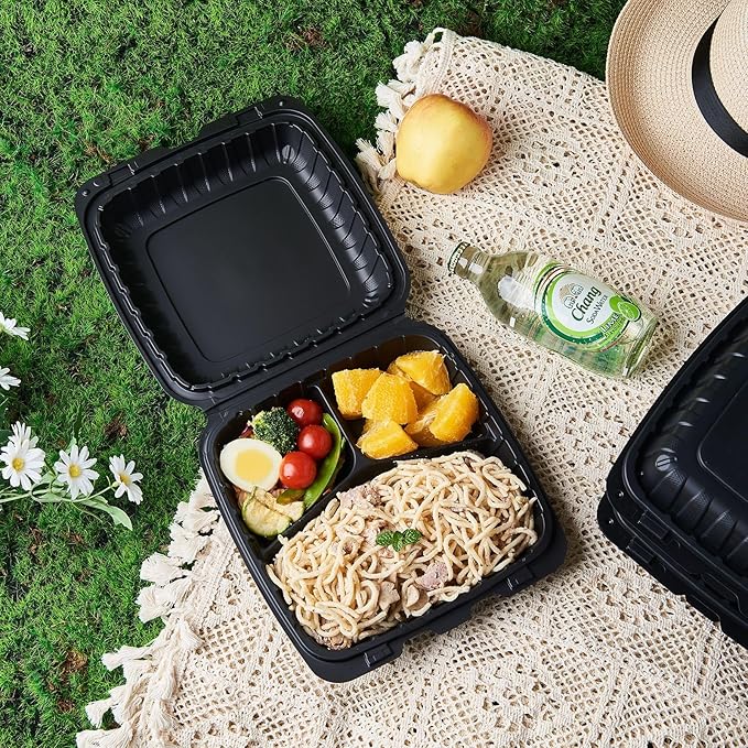 9X9 3-Compartment 50-Pack Plastic Clamshell Takeout Food Trays Heavy Duty Togo Disposable Box For Pasta Salad Sandwich Carryout Hinged Containers With Secure Snap Lid (Formerly FULING)