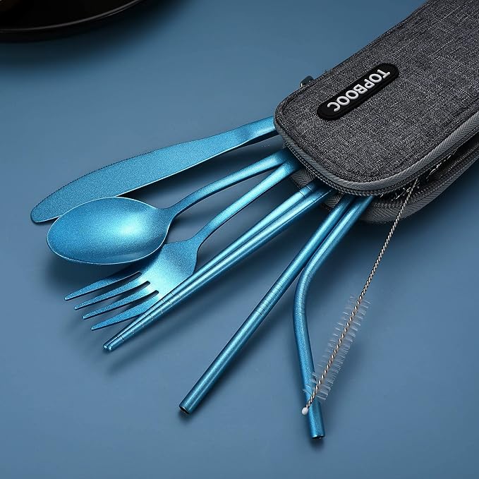 Portable Stainless Steel Flatware Set, Travel Camping Cutlery Set, Portable Utensil Travel Silverware Dinnerware Set with a Waterproof Case (Light Blue)