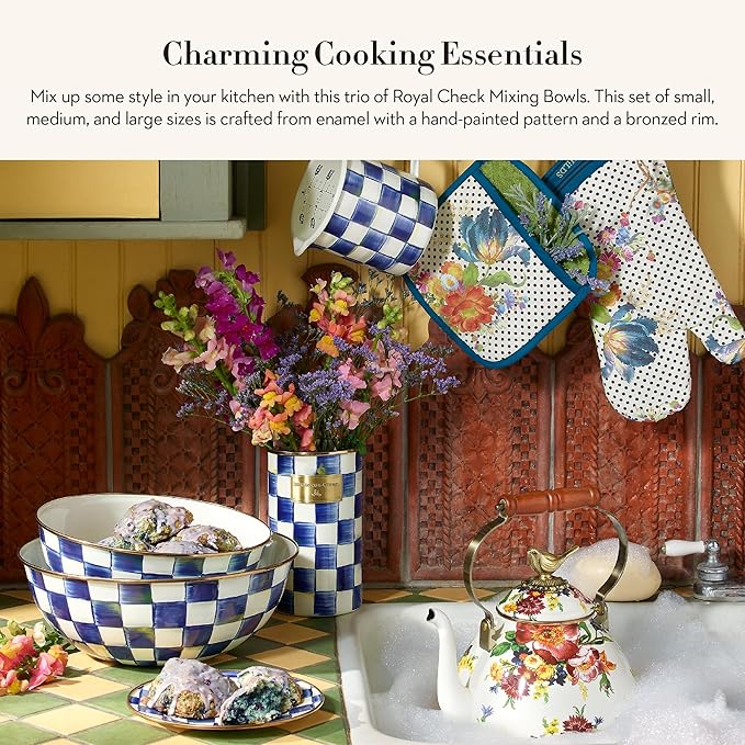 MACKENZIE-CHILDS Enamel Mixing Bowl Set, Small 5-Cup, Medium 10-Cup, and Large 16-Cup Serving Bowls for Entertaining, Set of 3, Blue-and-White Royal Check