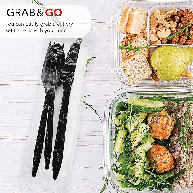 Party Essentials Individually Wrapped Plastic Cutlery Packets/Silverware Kits, Black Fork/Spoon/Knife/Napkin, 100 Sets