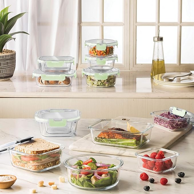FineDine 24 Piece Glass Storage Containers with Lids - Airtight, Leak Proof, Dishwasher Safe, Glass Food Storage, Food Storage Containers, Meal Prep Containers, Green