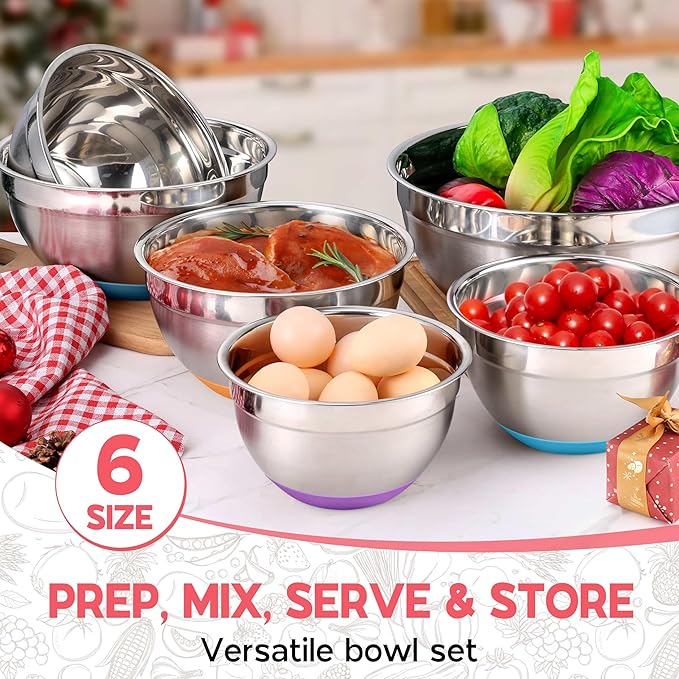Colorful Mixing Bowl Set of 6 for Kitchen Large Stainless Steel Metal Nesting Mixing Bowls with Airtight Lids Non Slip - Size 1, 1.5, 2, 2.6, 3.5, 7QT