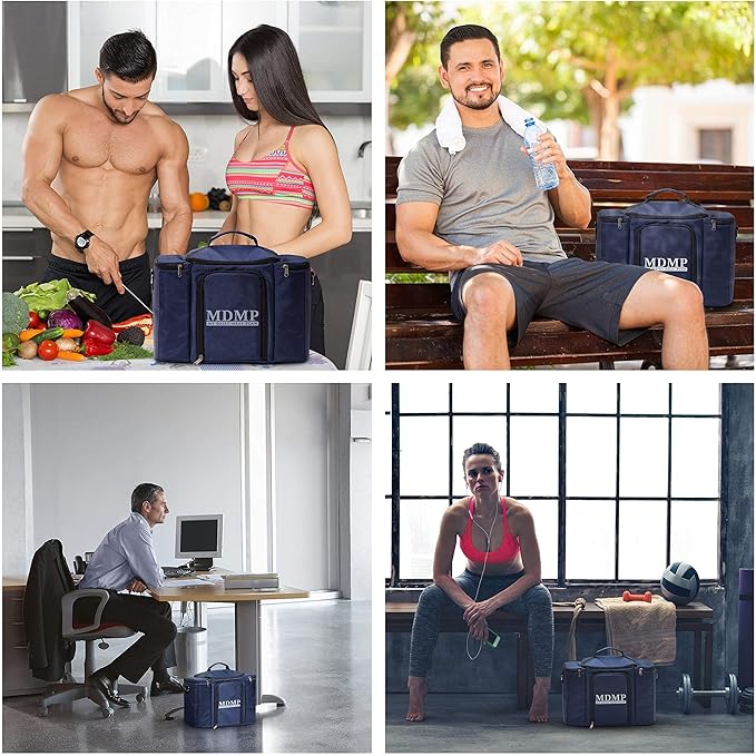 My Daily Meal Plan Navy Blue 45 Oz. Insulated Lunch Bag/Box For Men, Women + 3 Large Food Containers + 2 Big Reusable Ice Packs + Shoulder Strap + Shaker With Storage