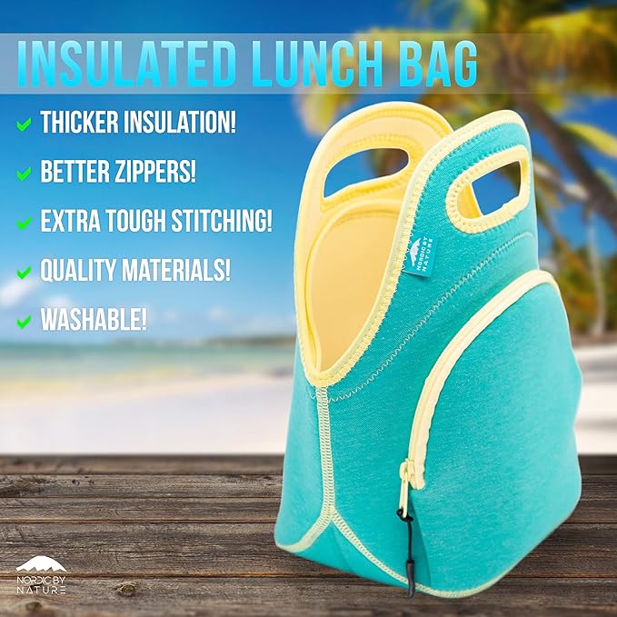 Nordic By Nature Neoprene Lunch Bag for Women & Lunch tote for Kids Insulated Lunch bag Reusable Washable Extra Thick Neoprene & Soft Cotton Feel, Premium Stitching, Outside Pocket, (M) Lagoon