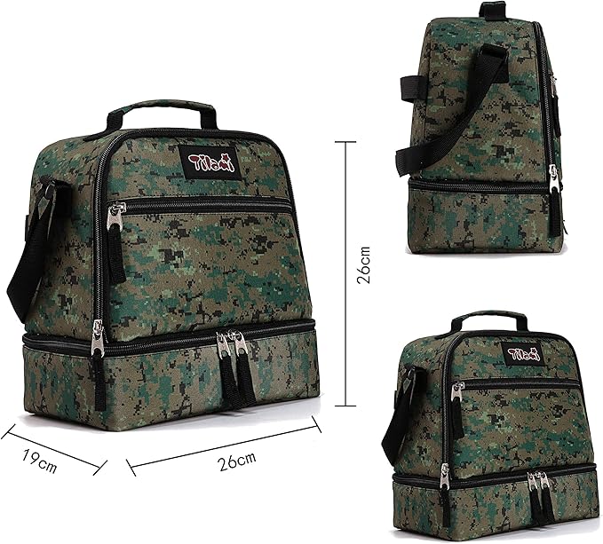 Tilami Lunch Bags Insulated Adjustable Strap Zipper, Two Compartments Cooler Bags, Bento Bags for Kids Toddlers (Camouflage)