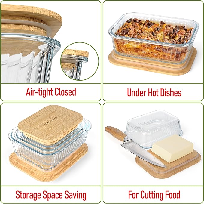 Set of 4 Stackable Space-Saving Nesting Glass Containers with Airtight Bamboo Lids - Lunch, Meal & Food Prep - Microwave & Oven Safe BPA Free Durable Heat Resistant Inert Borosilicate Glass