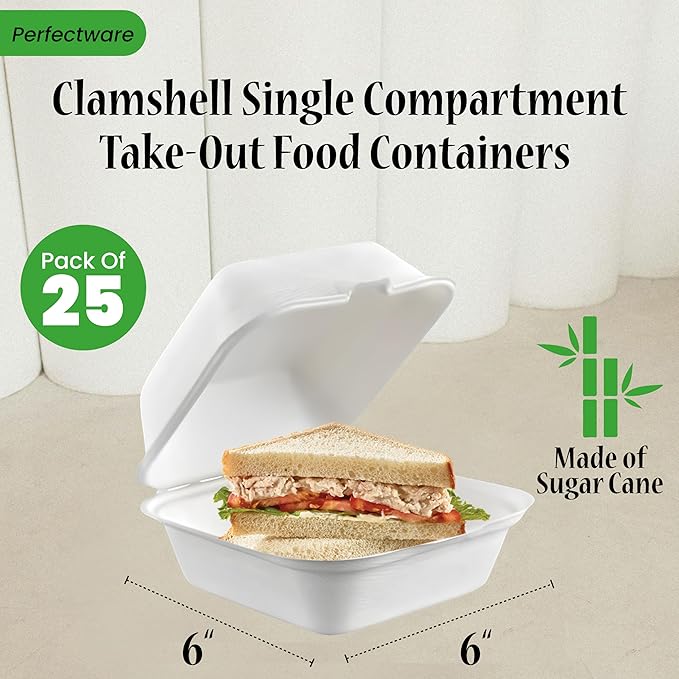 100% Compostable Clamshell Single Compartment Take Out Food Containers 6x6". 25 Containers, Natural Disposable Bagasse, Eco-Friendly Biodegradable Made of Sugar Cane-Package of 25ct