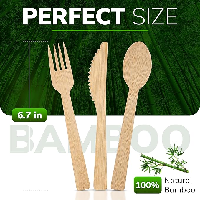 Wooden Cutlery Set - 100 Pcs Disposable Bamboo Forks, Spoons, Knives - Compostable 100% Natural Bamboo Utensils for Parties, Picnics, Camping, Weddings - Eco-Conscious Dining Supplies
