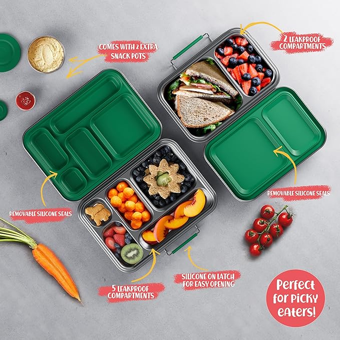 Stainless Steel Lunch Box for Kids, Leak Proof Bento Lunch Box BPA Free 304 Stainless Steel Bento Box Stainless Bento Box with Containers for School and Office(Green)