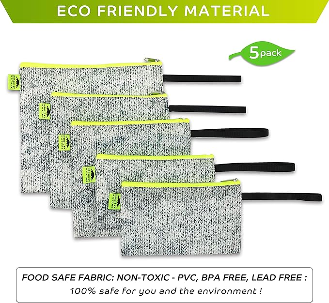 Nordic By Nature Reusable Sandwich Bag Snack Bags - Value Pack of 5 Dual Layer Lunch Baggies - Dishwasher Safe - Eco Friendly Cloth Wraps - Easy Open Zipper (Grey/Neon)