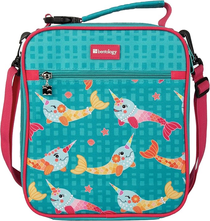 Bentology Convertible Soft Blue Narwhal Insulated Durable Lunch Bag For Kids-Zippered Outer Pocket-Adjustable Straps Convert to Backpack, Shoulder Bag or Lunch Box- Back To School & Travel