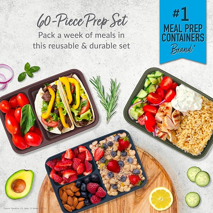 Bentgo Prep 60-Piece Meal Prep Kit - Reusable Food Containers 1-Compartment, 2-Compartment, & 3-Compartments for Healthy Eating - Microwave, Freezer, & Dishwasher Safe (Rich Shades)