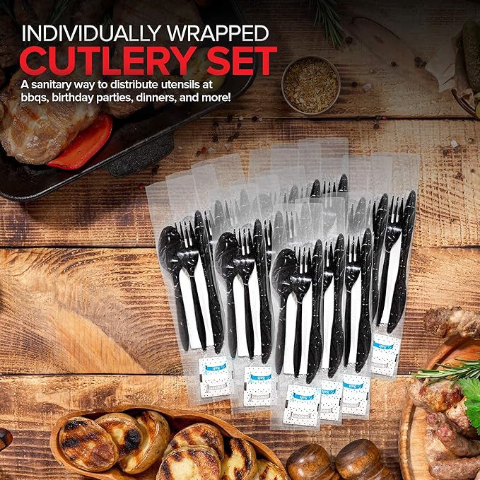 Individually Wrapped Plastic Cutlery Set with Napkin + Salt & Pepper Packets in Black (50 Count) Prewrapped Disposable Silverware Bags, Bulk Utensils: Fork, Knife, and Spoon for Togo Eating
