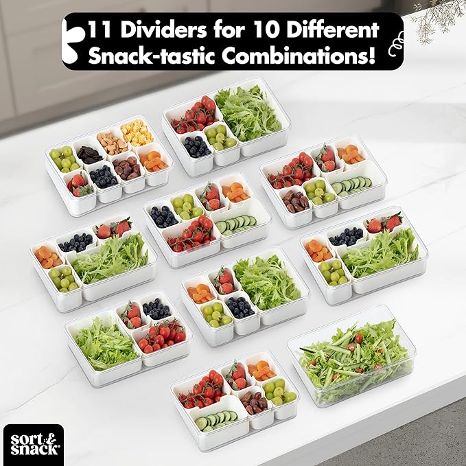 Sort & Snack 10 in 1 Large Snackle Box Container, Dishwasher safe snackle box, Customizable Snack Box, Veggie Tray with Lid, Divided Serving Tray with Lid, Travel Snack Container, Snack Organizer