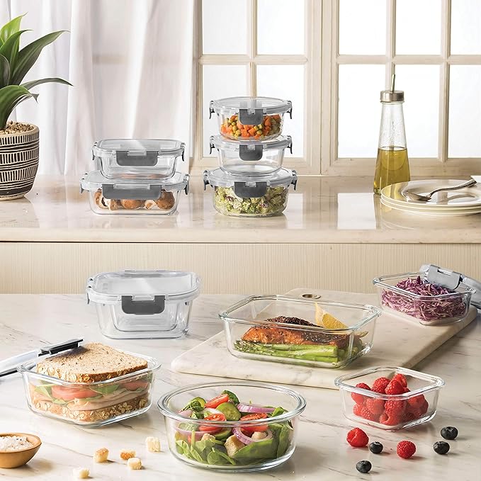 FineDine Glass Storage Containers with Lids - Leak Proof, Dishwasher Safe Glass Food Storage Containers for Meal Prep or Leftovers (Black, 24 Piece)