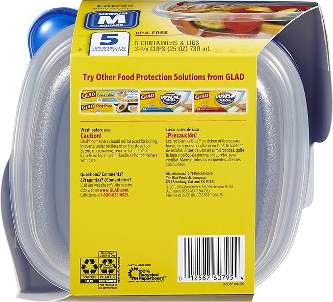 Glad Medium Square Food Storage Containers for Everyday Use | Medium Square Food Storage Containers Hold up to 25 Ounces of Food (25 Oz) |5 Count, Standard Food Containers (Pack of 4)