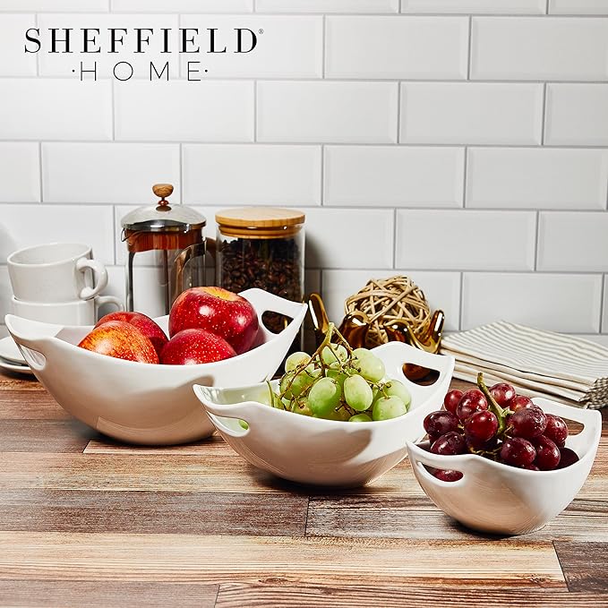 3 Piece Large Serving Bowls with Handle - 15, 28 & 39Oz Microwave and Dishwasher Safe Stoneware Fruit Bowl - Stylish Ceramic Bowls for Kitchen, Dinner Parties, Salad & Side Dishes (White)