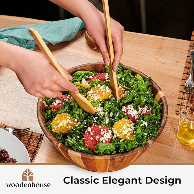 Wooden Salad Bowl, Salad Bowl, Wooden Bowl - 12" Round Design Fruit Bowl, Handmade, Durable and Stylish Natural Wood Dining Accessory by Woodenhouse