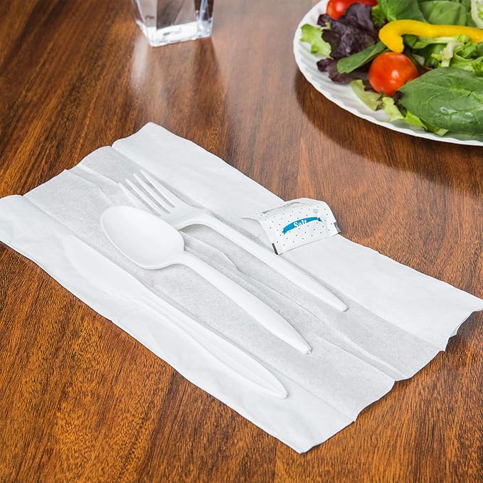 100 Pack Medium Weight Wrapped white Plastic Cutlery Pack with Napkin and Salt/Pepper Packets (White)