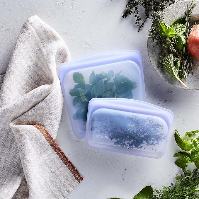 Stasher Silicone Reusable Storage Bag, Bundle 4-Pack Lunch (Clear+Aqua) | Food Meal Prep Storage Container | Lunch, Travel, Makeup, Gym Bag | Freezer, Oven, Microwave, Dishwasher Safe, Leakproof