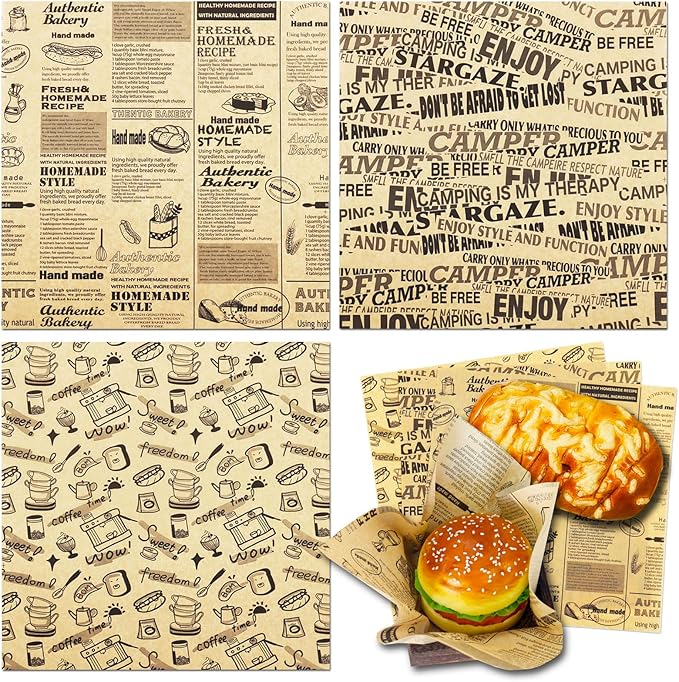 OTOPETE 300Pcs Food Paper Sheets, 12"x12" Greaseproof Paper Sheets, Three Patterns Kraft Paper, Food Basket Liner, Tray Liner, Wrapping Bread Hamburger Sandwiches, for Family, Bakery, Picnic, Party