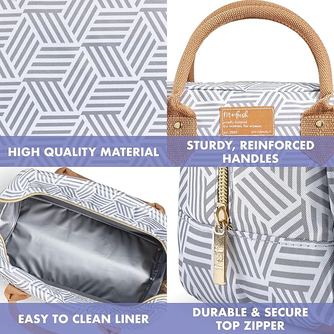 Fit & Fresh Lunch Bag For Women, Insulated Womens Lunch Bag For Work, Leakproof & Stain-Resistant Large Lunch Box For Women With Containers, Zipper Closure Bloomington Bag, Gray Seaport