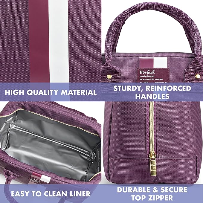 Fit & Fresh Lunch Bag For Women, Insulated Womens Lunch Bag For Work, Leak Resistant & Stain-Resistant Large Lunch Box For Women With 2 Large Containers, Zipper Closure Bloomington Bag, Plum Stripe