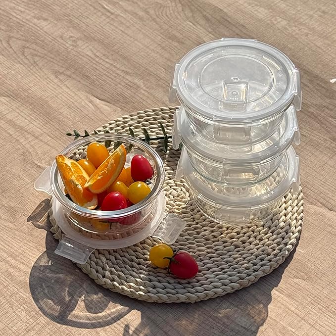 8Pack Glass Food Storage Containers, Round Glass Soup Container with Airtight Lids, Reusable Food Meal Prep Bowls, Leakproof Soup Bowls for Outdoor School, Dishwasher Microwave Freezer Safe