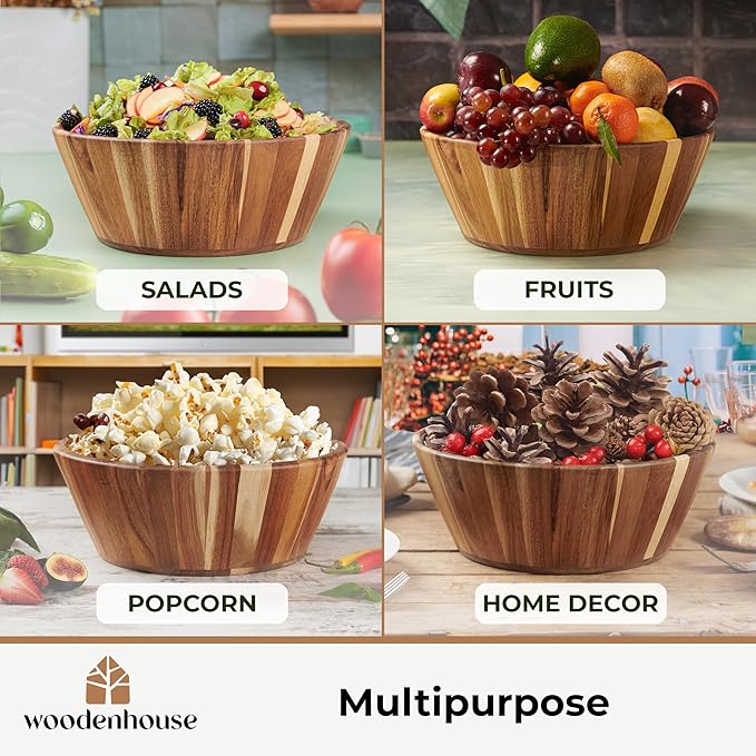 Wooden Salad Bowl, Salad Bowl, Wooden Bowl - 12" Round Design Fruit Bowl, Handmade, Durable and Stylish Natural Wood Dining Accessory by Woodenhouse