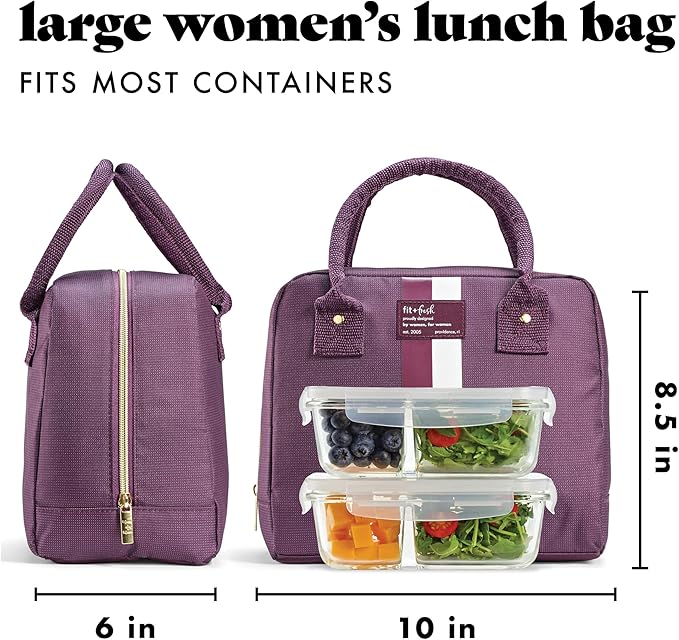 Fit & Fresh Lunch Bag For Women, Insulated Womens Lunch Bag For Work, Leak Resistant & Stain-Resistant Large Lunch Box For Women With 2 Large Containers, Zipper Closure Bloomington Bag, Plum Stripe
