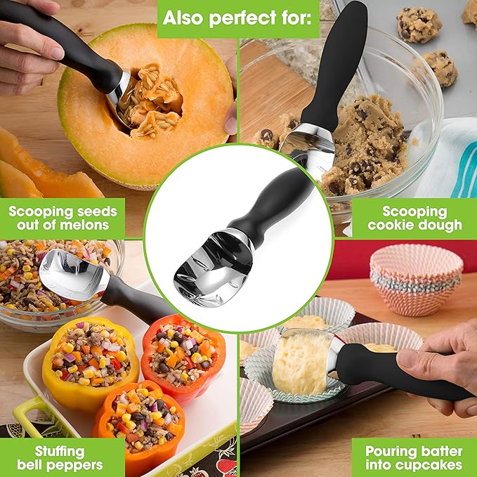 Spring Chef Premium Ice Cream Scoop, Black & Stainless Steel Round Measuring Cups and Spoons, Set of 15-2 Product Bundle