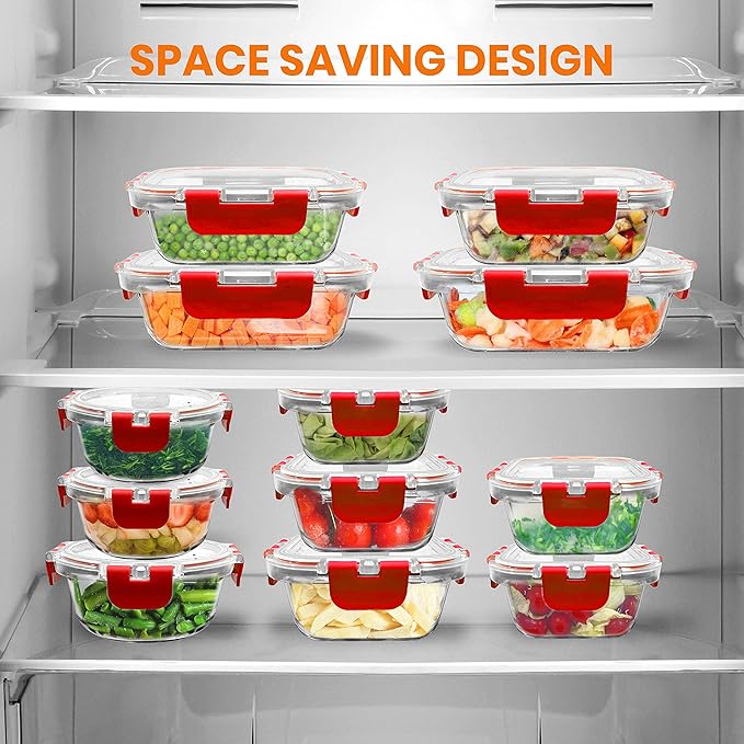NutriChef 24-Piece Glass Food Storage Containers with Lids - 12 Stackable Heavy Duty Meal Prep Containers w/ 12 Airtight Lids - Microwave, Freezer, & Dishwasher Safe for Food, Snacks, & Fruit-(Red)