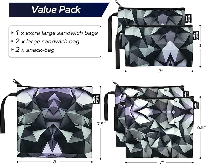 Nordic By Nature Reusable Sandwich Bag Snack Bags - Value Pack of 5 Dual Layer Lunch Baggies - Dishwasher Safe - Eco Friendly Cloth Wraps - Easy Open Zipper (Black Mosaic)