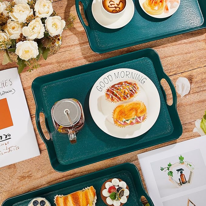 6 Pcs Serving Trays with Handles Trays for Eating 16 x 11 Inch Multi Purpose Plastic Tray Rectangular Anti Skid Decorative Food Tray for Restaurant Breakfast Countertop Party Kitchen (Green)