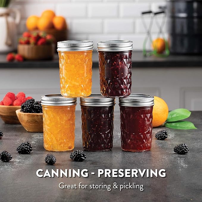 Paksh Novelty Mason Jars - 12-Pack Quilted Glass Jars with Lid & Seal Bands - Airtight Container for Pickling, Canning, Candles