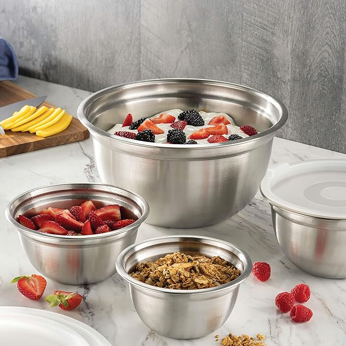 FineDine Stainless Steel Mixing Bowls Set with Lids, Home Kitchen Cooking Essentials Household Must Haves for Baking, 5 Pieces