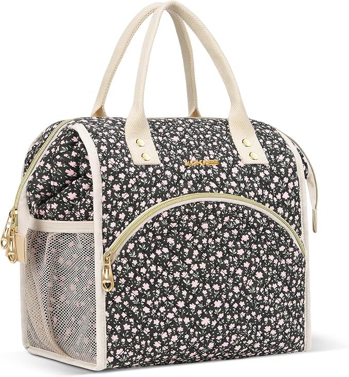 LOKASS Insulated Lunch Bag Women- Reusable 10 L Lunch Box for Women - Leakproof Tote Cooler Bag for Adults Work, Beach, Travel, Picnic (Black Small Florals)