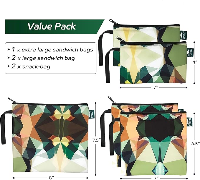 Nordic By Nature Reusable Sandwich Bag Snack Bags - Value Pack of 5 Dual Layer Lunch Baggies - Dishwasher Safe - Eco Friendly Cloth Wraps - Easy Open Zipper (Mosaic Camo)
