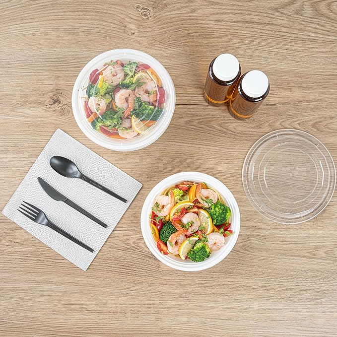 Restaurantware Asporto 24 Ounce To Go Boxes 100 Microwavable Take Out Food Containers - Clear Plastic Lids Included Do Not Contain BPA White Plastic Catering Food Containers Disposable Round