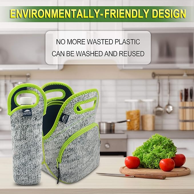 Nordic By Nature Neoprene Lunch Bag For Women, Men & Extra Thick Insulated Neoprene Lunch Tote With Water Bottle Sleeve, Durable Reusable Machine Washable, Gray/Neon