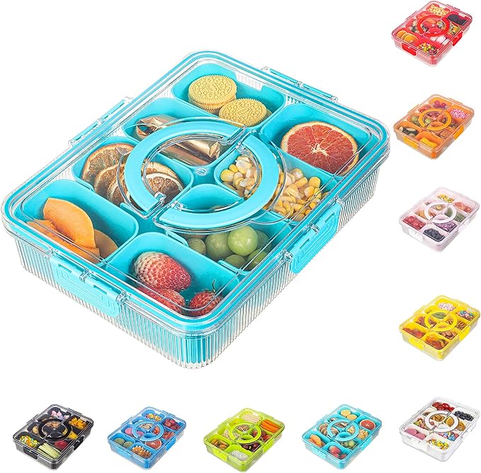 Patent Design Ribbed Snackle Box Container Divided Serving Tray with Lid and Handle -Charcuterie Container Portable Storage Organizer for Candy, Fruit, Beach, Picnics(1 pcs, Lake blue)