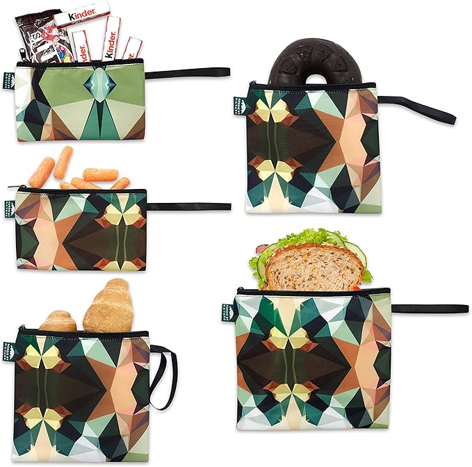 Nordic By Nature Reusable Sandwich Bag Snack Bags - Value Pack of 5 Dual Layer Lunch Baggies - Dishwasher Safe - Eco Friendly Cloth Wraps - Easy Open Zipper (Mosaic Camo)
